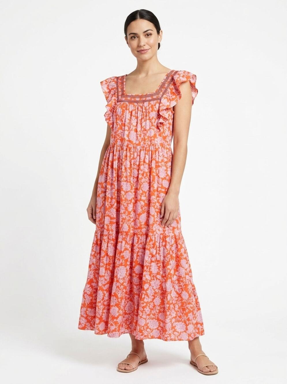 Free People Metal Orange Pink Floral Smocked Tiered Maxi Dress Women Size L